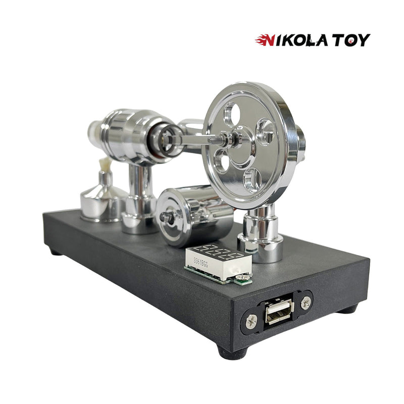 NikolaToy™ Mirror polished Stirling engine with embedded voltmeter and USB plug